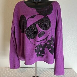 Disney‎ Minnie Mouse Purple Light Sweater with Bow Black Beaded Glasses Womens L